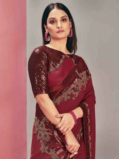 Odette Women Maroon Satin Silk Sequins Embroidered Saree With Unstitched Blouse Piece