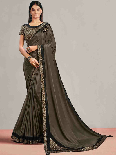 Odette Women Women Grey Satin Georgette Sequins Embroidered Saree With Unstitched Blouse Piece