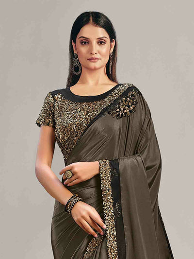 Odette Women Women Grey Satin Georgette Sequins Embroidered Saree With Unstitched Blouse Piece