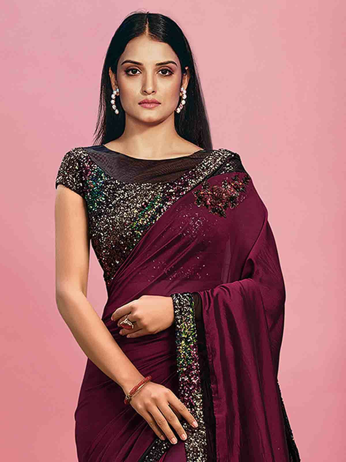 Odette Women Violet Dual Tone Silk Georgette Sequins Embroidered Saree With Unstitched Blouse Piece