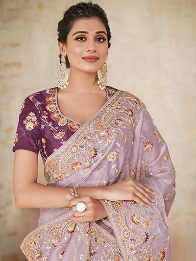Odette Women Lilac Satin Silk Embroidered Saree With Unstitched Blouse Piece