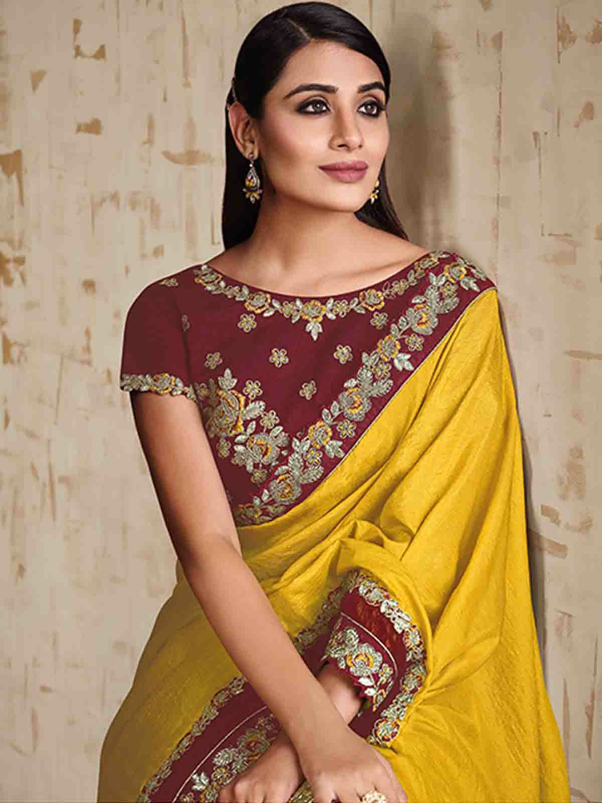 Odette Women Yellow Tussar Silk Blend Embroidered Saree With Unstitched Blouse Piece