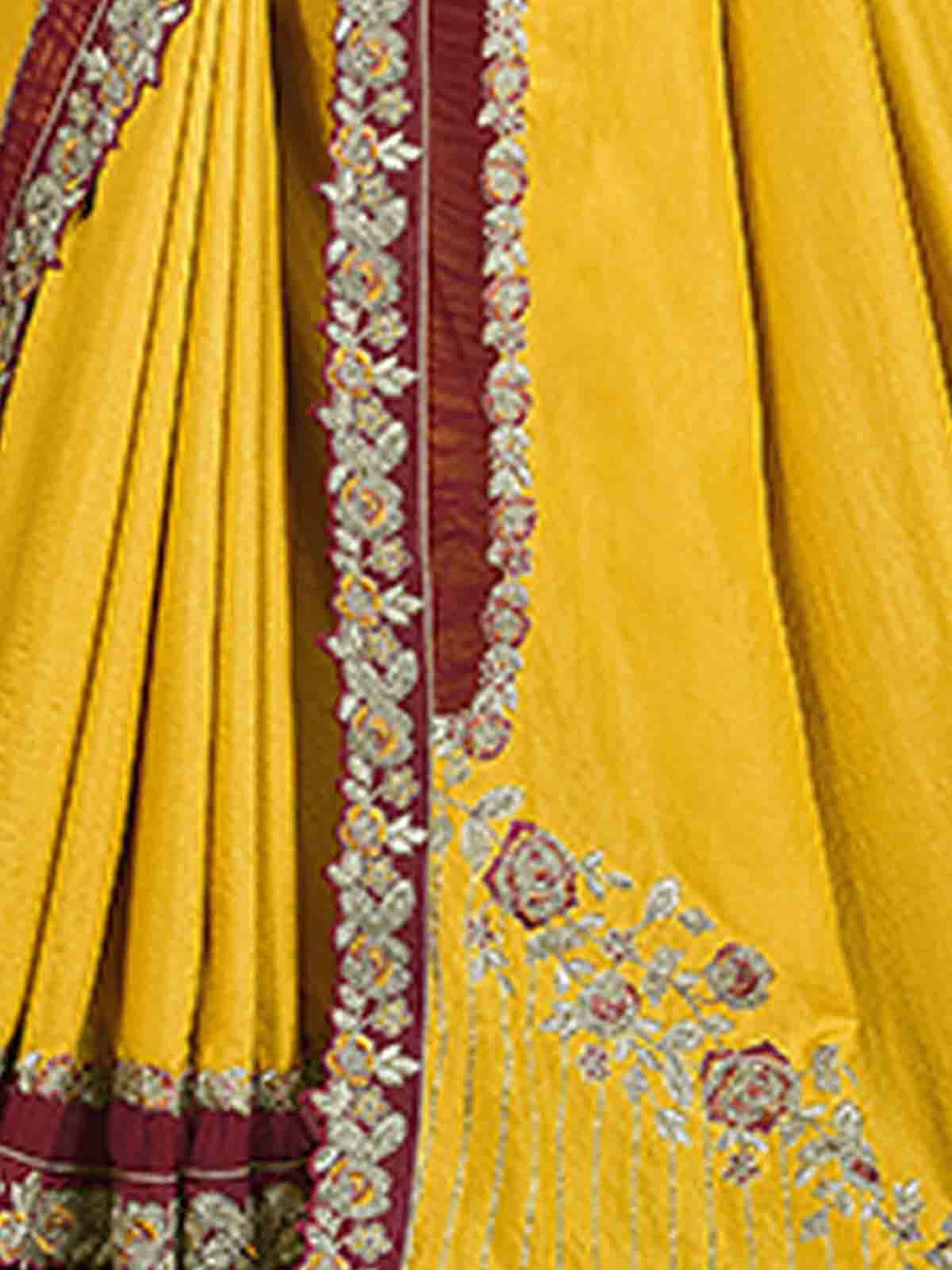 Odette Women Yellow Tussar Silk Blend Embroidered Saree With Unstitched Blouse Piece