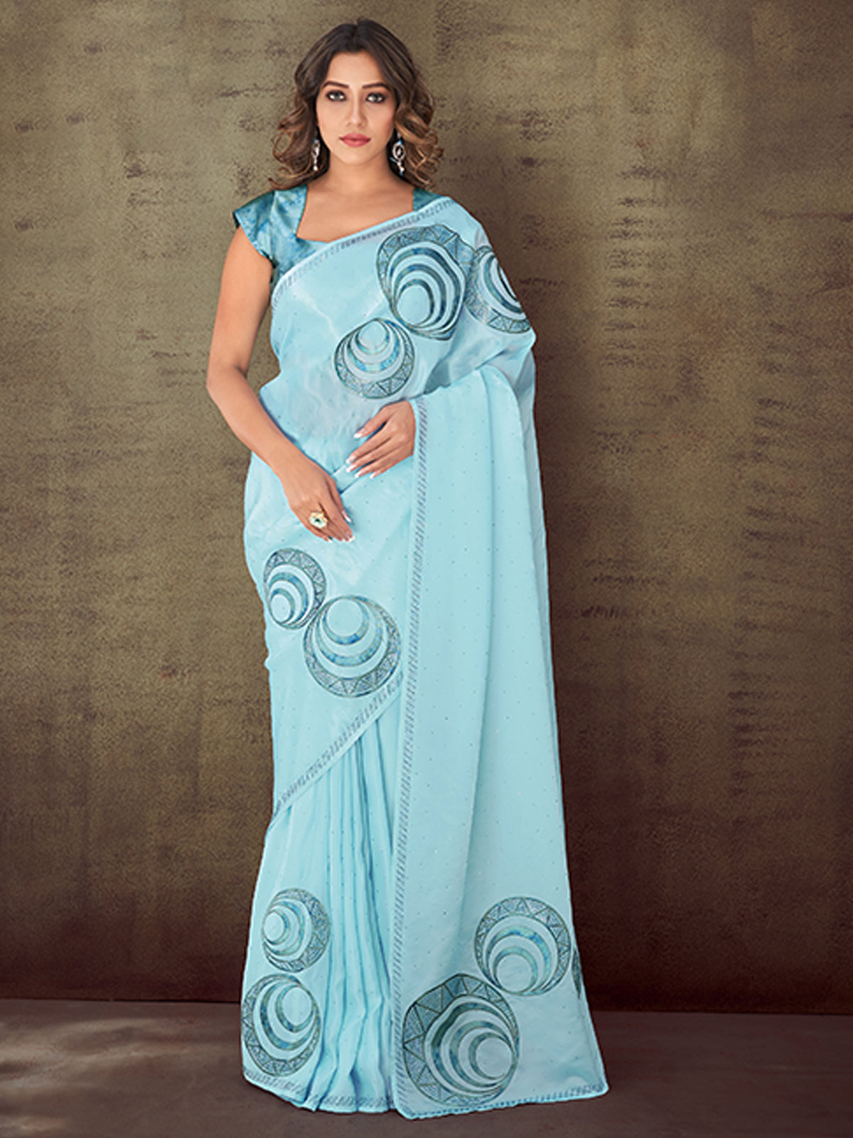 Odette Women Light Blue Organza Crepe Printed Saree With Unstitched Blouse Piece