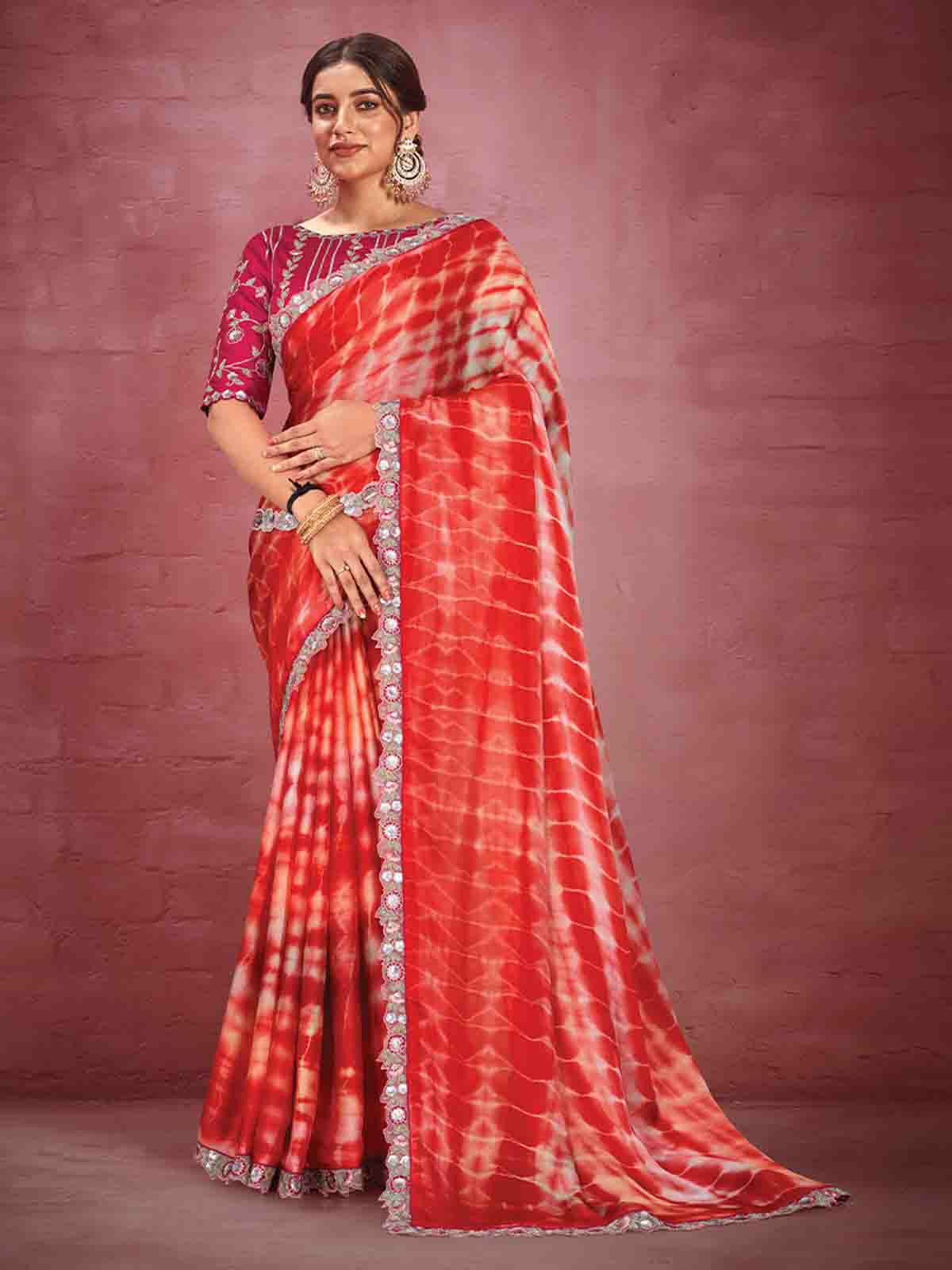 Odette Women Pink Satin Silk Georgette Sarees With Stitched Blouse