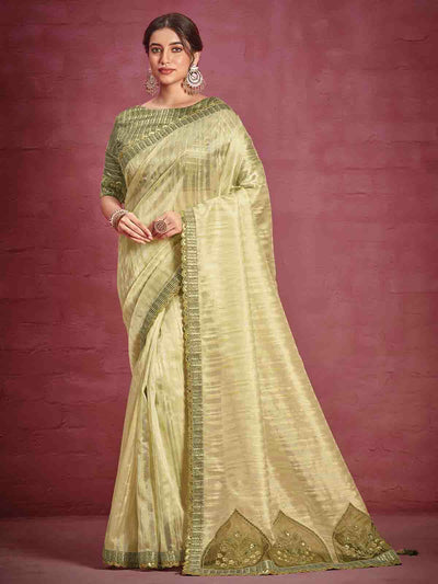 Odette Women Green Patterned Jacquard Organza  Sarees With Stitched Blouse