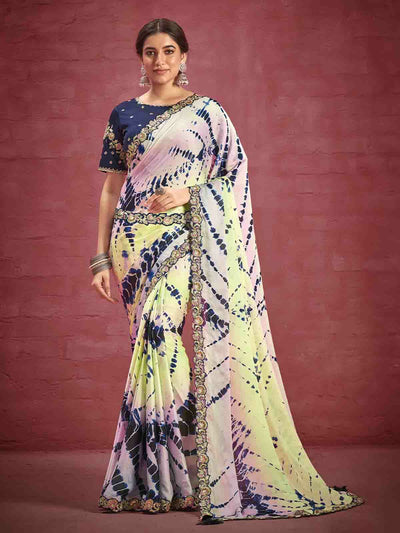 Odette Women Multicolored Satin Silk Georgette Saree With Stitched Blouse