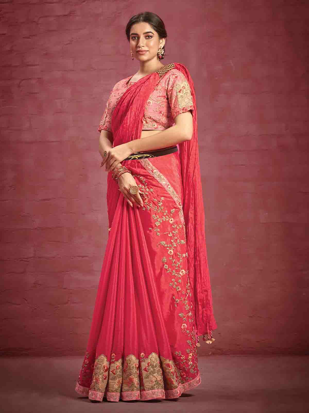Odette Women Red Silk Crepe Saree With Stitched Blouse
