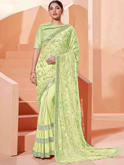 Odette Women Light Green Lycra Frills Saree With Unstitched Blouse