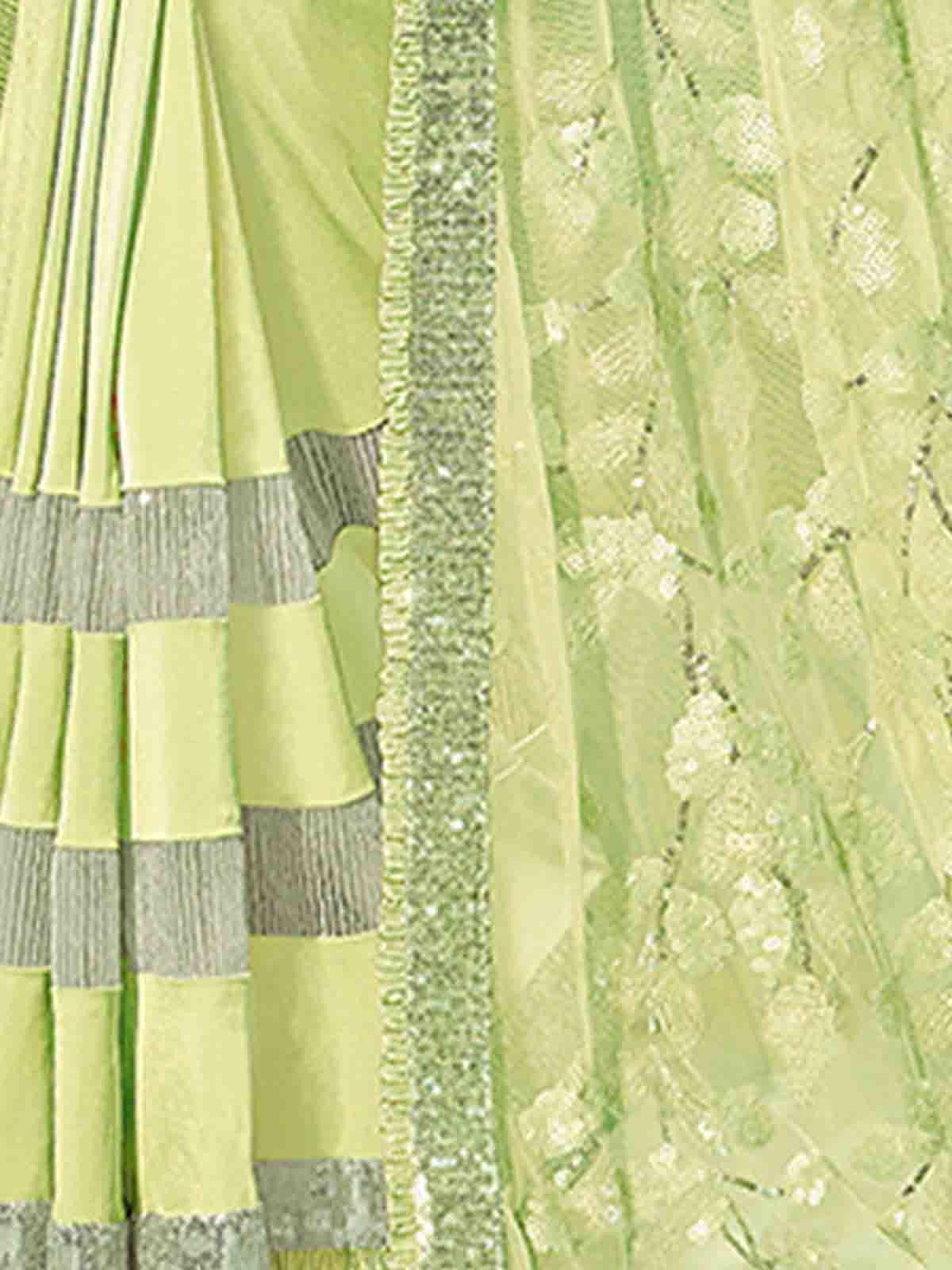 Odette Women Light Green Lycra Frills Saree With Unstitched Blouse
