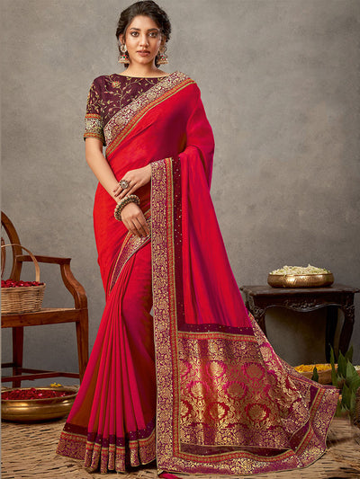 Odette Women Red Dual Tone Silk Georgette Embroidered Saree With Unstitched Blouse