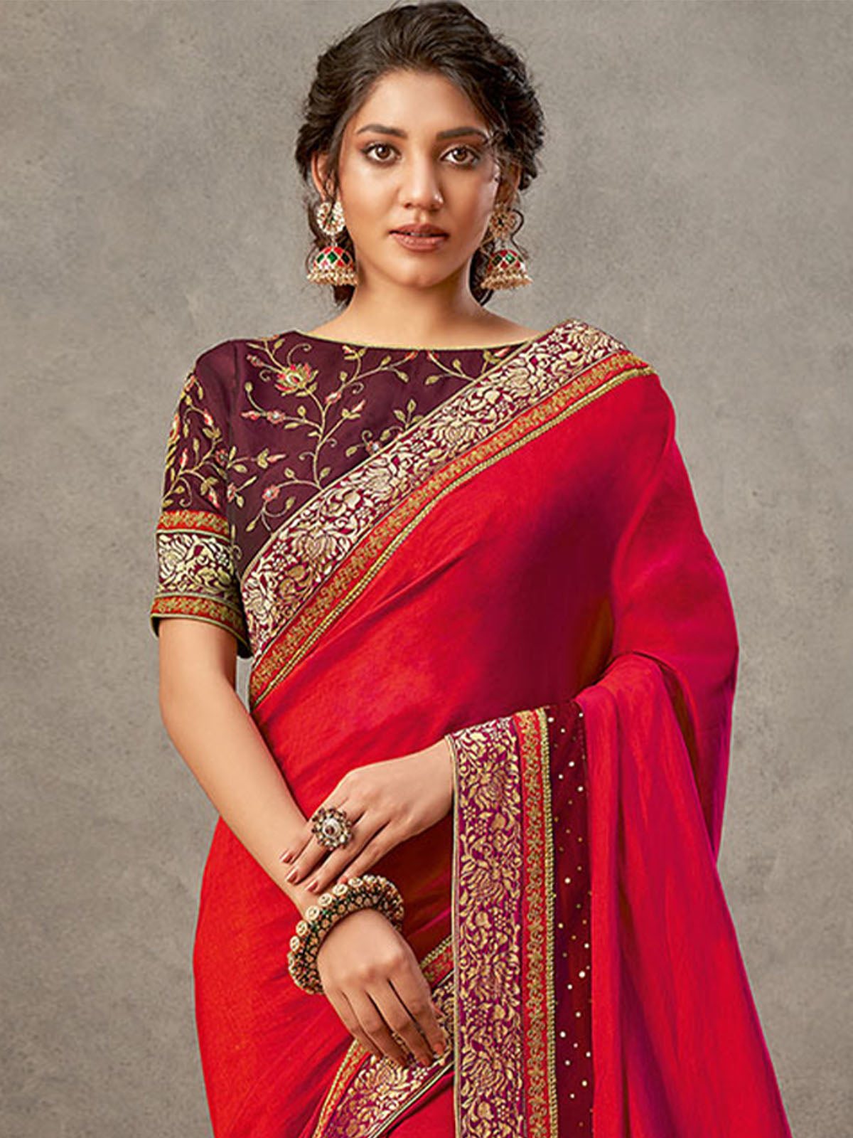 Odette Women Red Dual Tone Silk Georgette Embroidered Saree With Unstitched Blouse