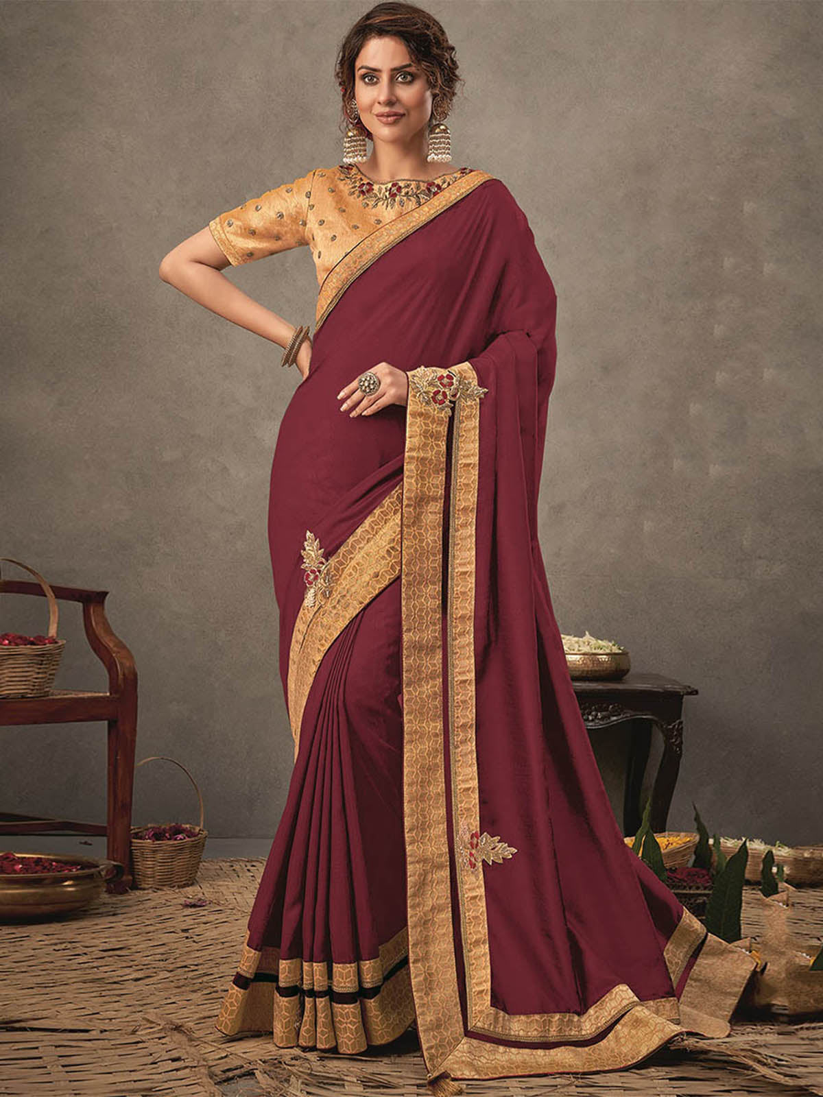 Odette Women Maroon Tussar Silk Blend Scalloped Edged Saree With Unstitched Blouse