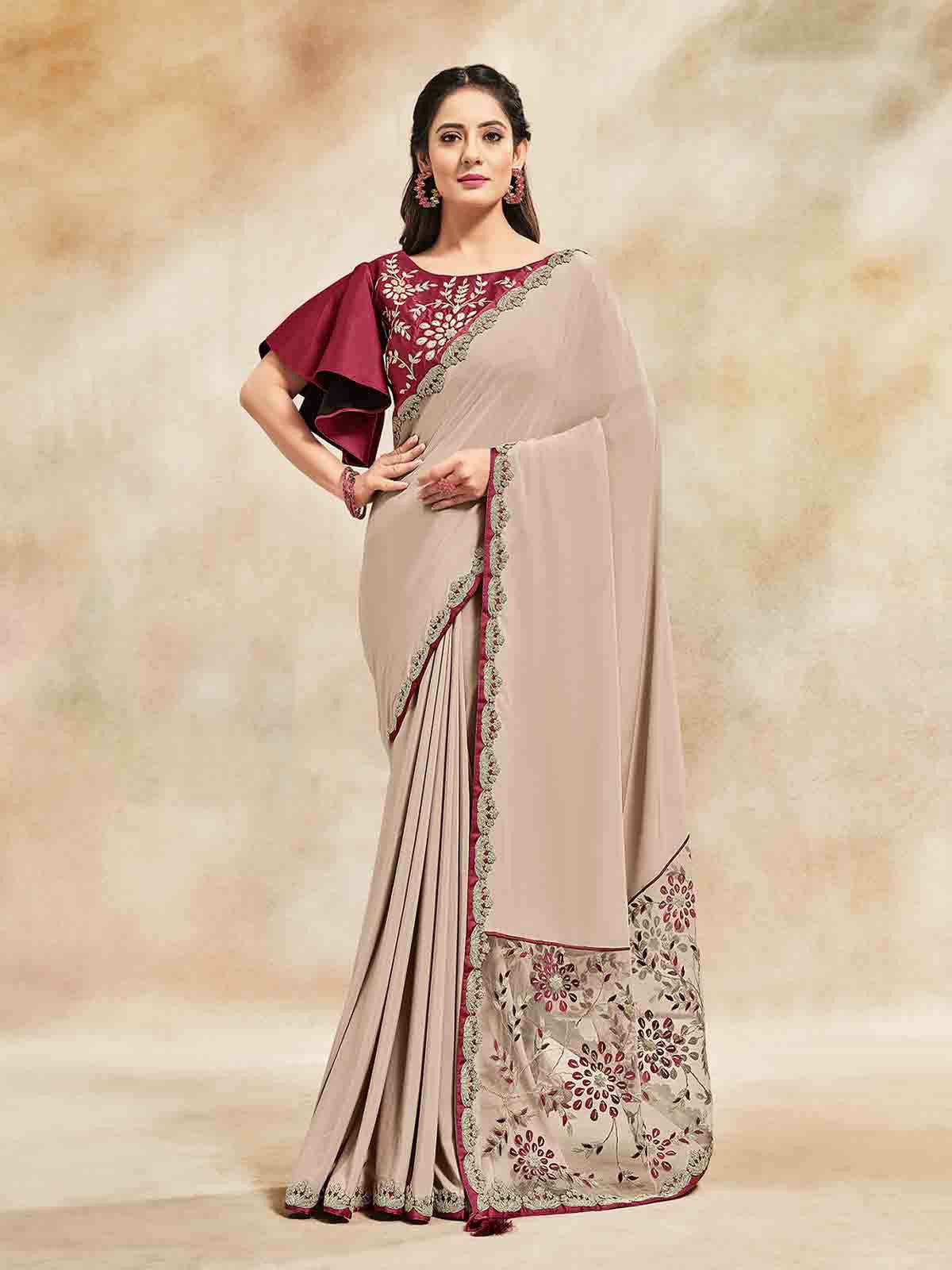 Odette Women Beige Crepe Silk Resham And Cord Embroidered Saree With Unstitched Blouse Piece