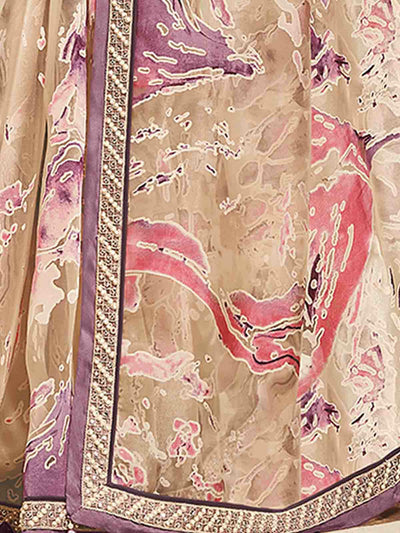 Odette Women Beige Organza Cord Embroidered And Pearl And Stones Embellished Saree With Unstitched Blouse Piece