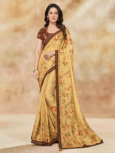 Odette Women Yellow Sequined Silk Georgette Saree With Unstitched Blouse Piece