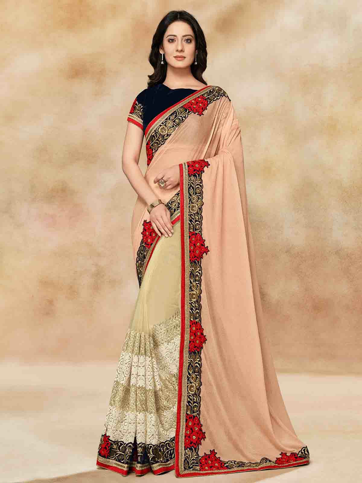 Odette Women Multicolored Satin Silk And Net Thread Embroidered Saree With Unstitched Blouse Piece