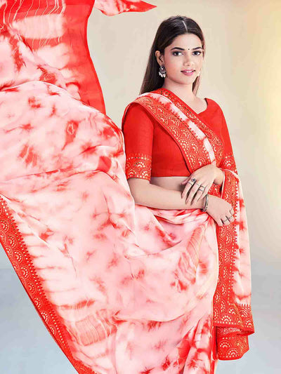 Odette Women White And Orange Georgette Embroidered Saree With Unstitched Blouse Piece
