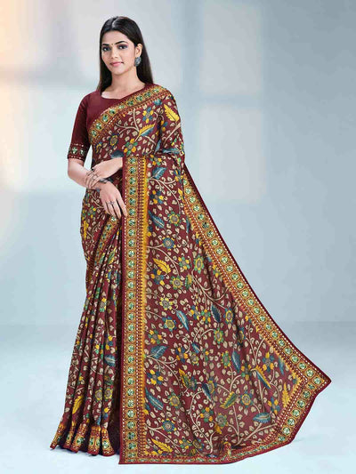 Odette Women Brown Georgette Embroidered Saree With Unstitched Blouse Piece