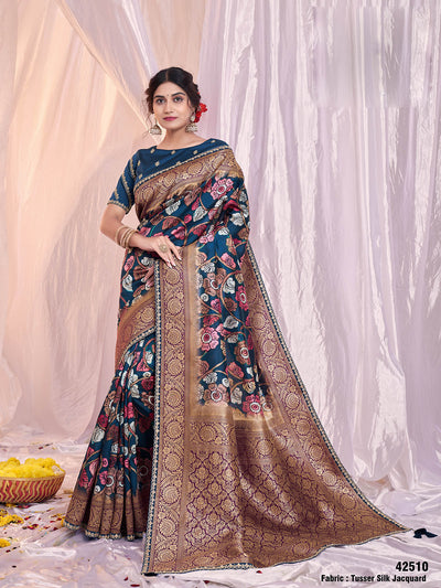 Dark Blue Silk Jacquard Printed Saree With Unstitched Blouse