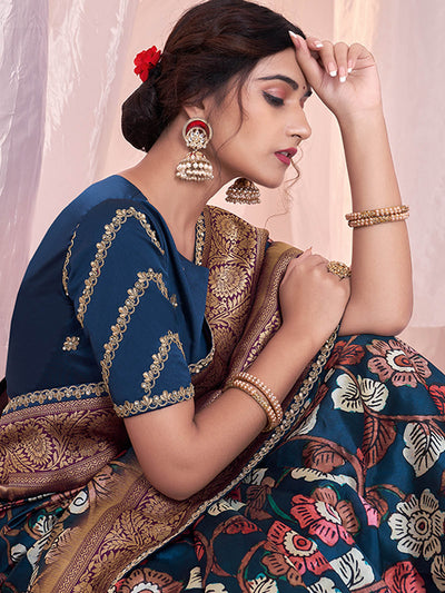Dark Blue Silk Jacquard Printed Saree With Unstitched Blouse
