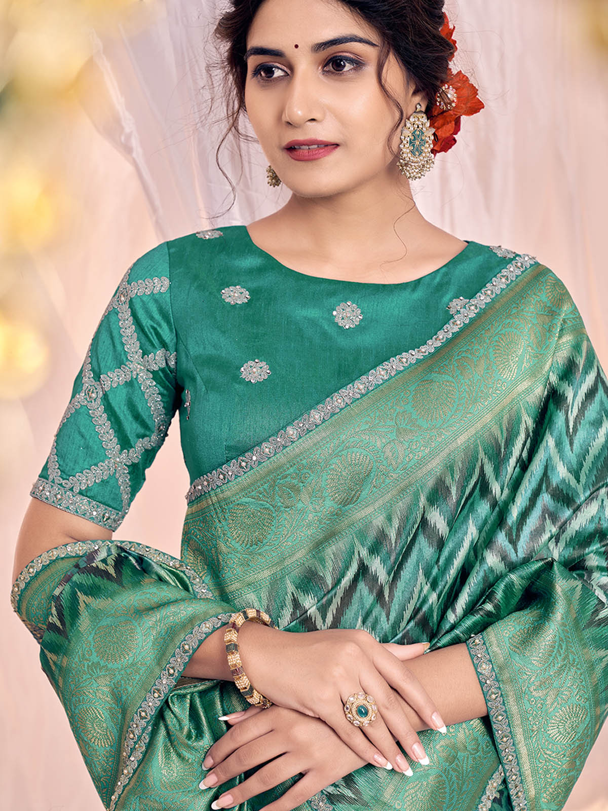Sea Green Silk Jacquard Printed Saree With Unstitched Blouse
