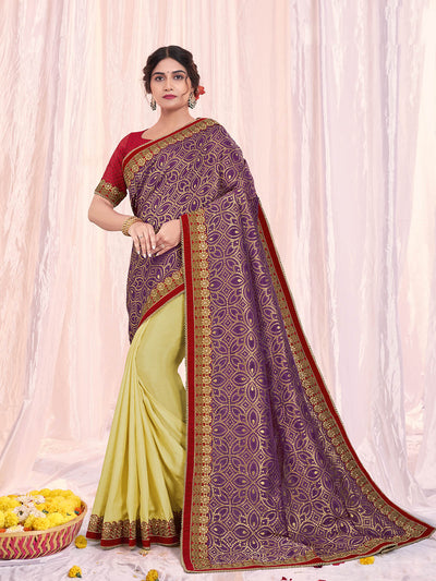 Odette Women Purple  Silk Printed Saree With Unstitched Blouse