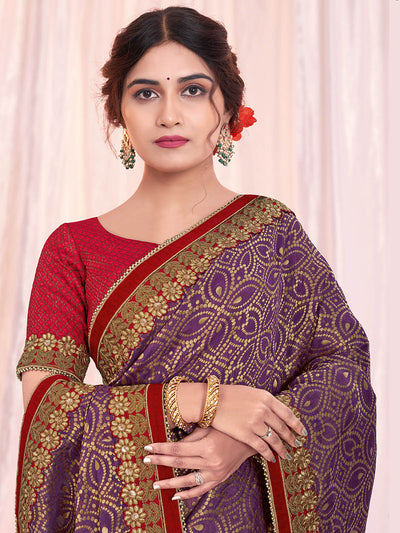 Odette Women Purple  Silk Printed Saree With Unstitched Blouse