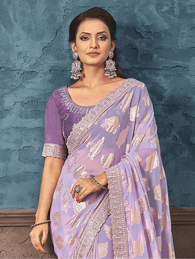 Purple Georgette Printed Saree With Unstitched Blouse