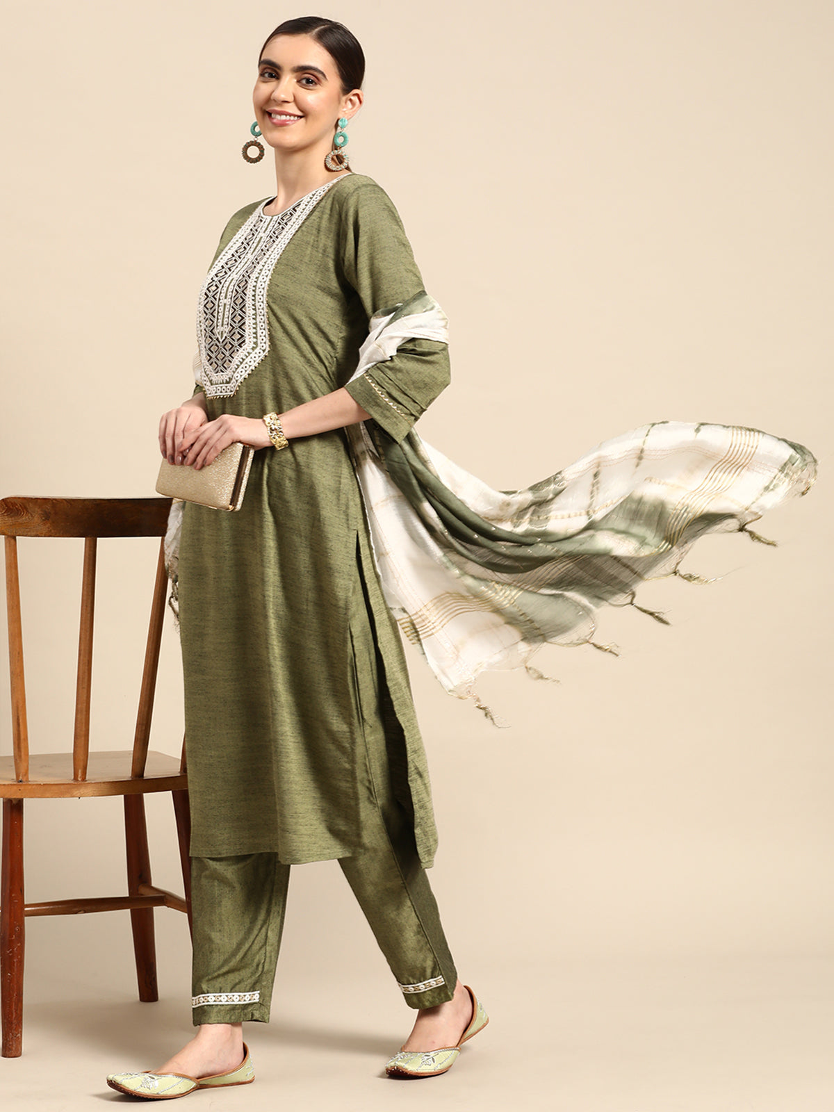 Odette Women Green Poly Cotton Embroidered Stitched Kurta With Trouser & Dupatta