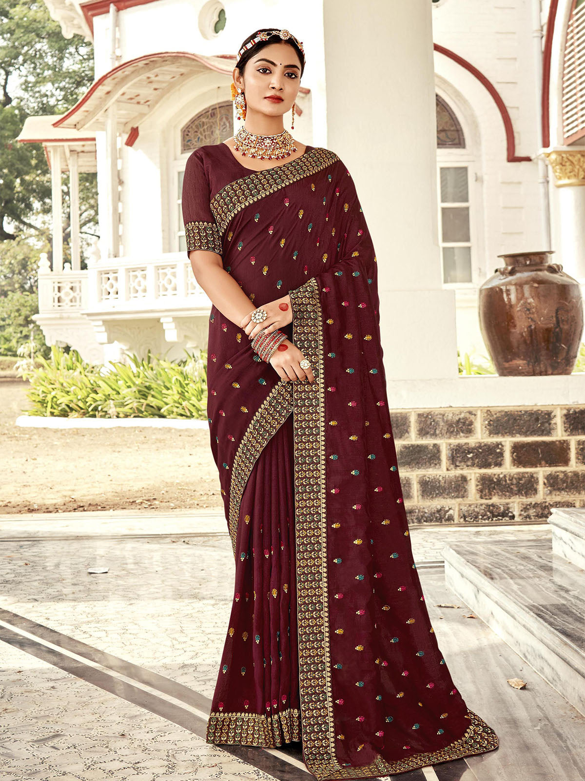 Brown Vichitra Silk Embroidered Saree With Unstitched Blouse