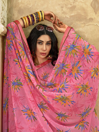 Pink Georgette Floral Printed Saree With Unstitched Blouse