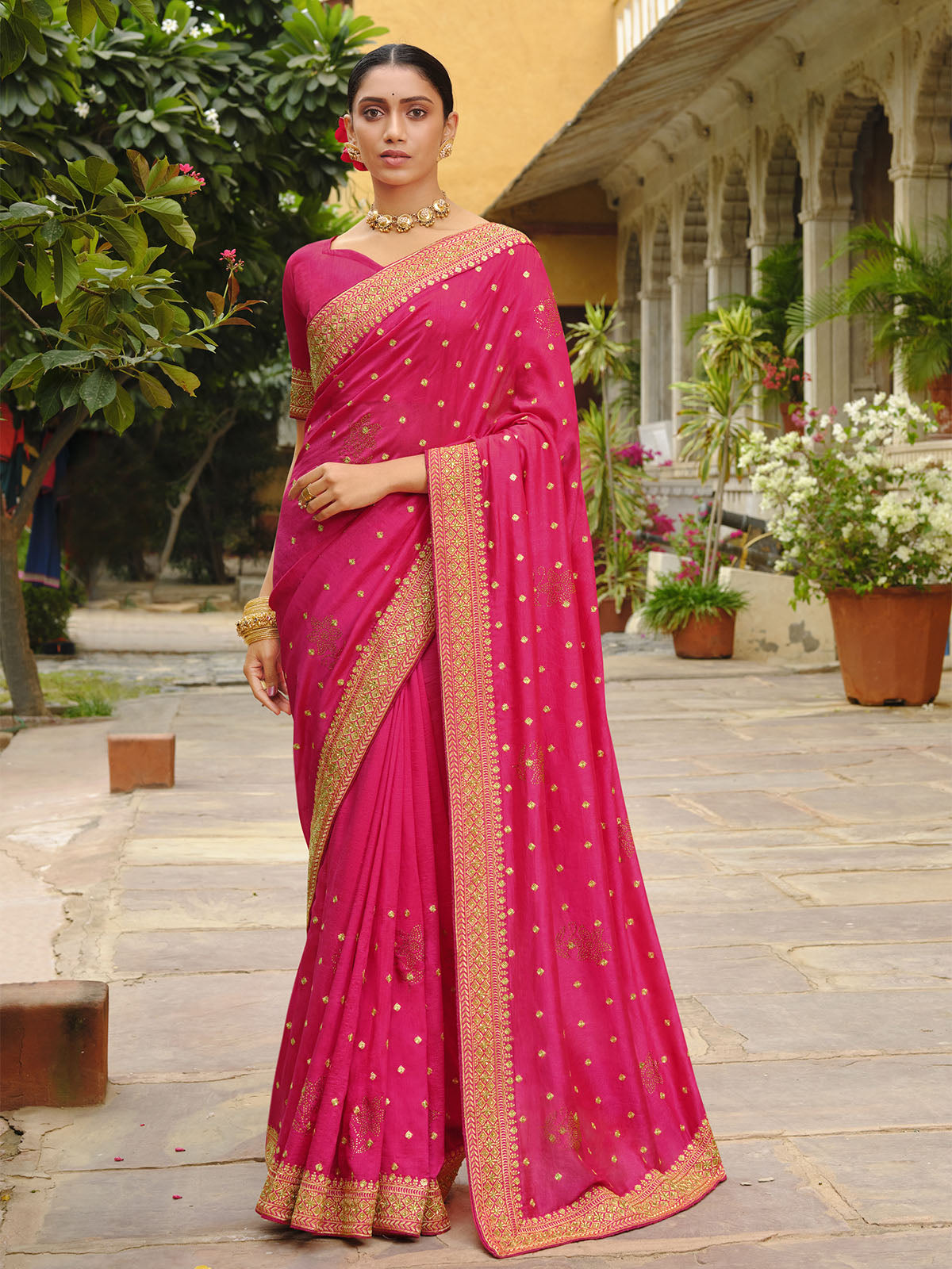 Pink Vichitra Silk Embroidered Saree With Unstitched Blouse