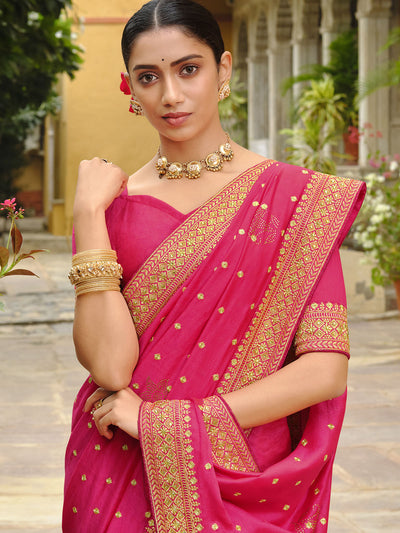 Pink Vichitra Silk Embroidered Saree With Unstitched Blouse