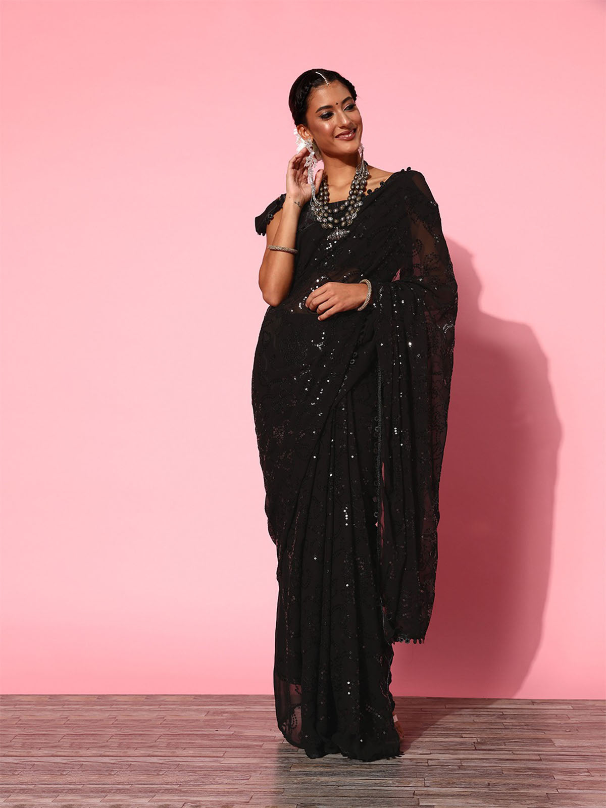 Odette Women Black Sequence Embroidered Georgette Saree With Unstitched Blouse