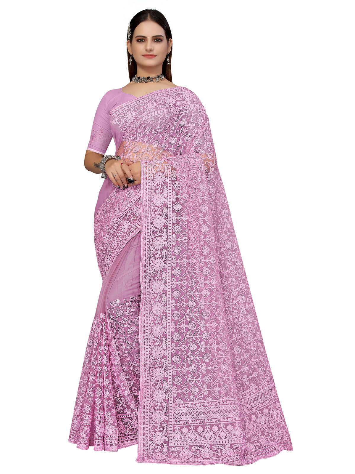 Purple Embroidered Net Saree With Unstitched Blouse