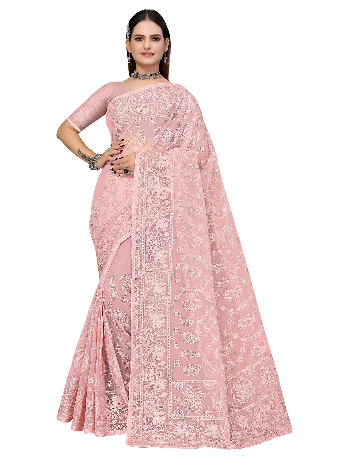 Odette Women Pink Embroidered Net Saree With Unstitched Blouse
