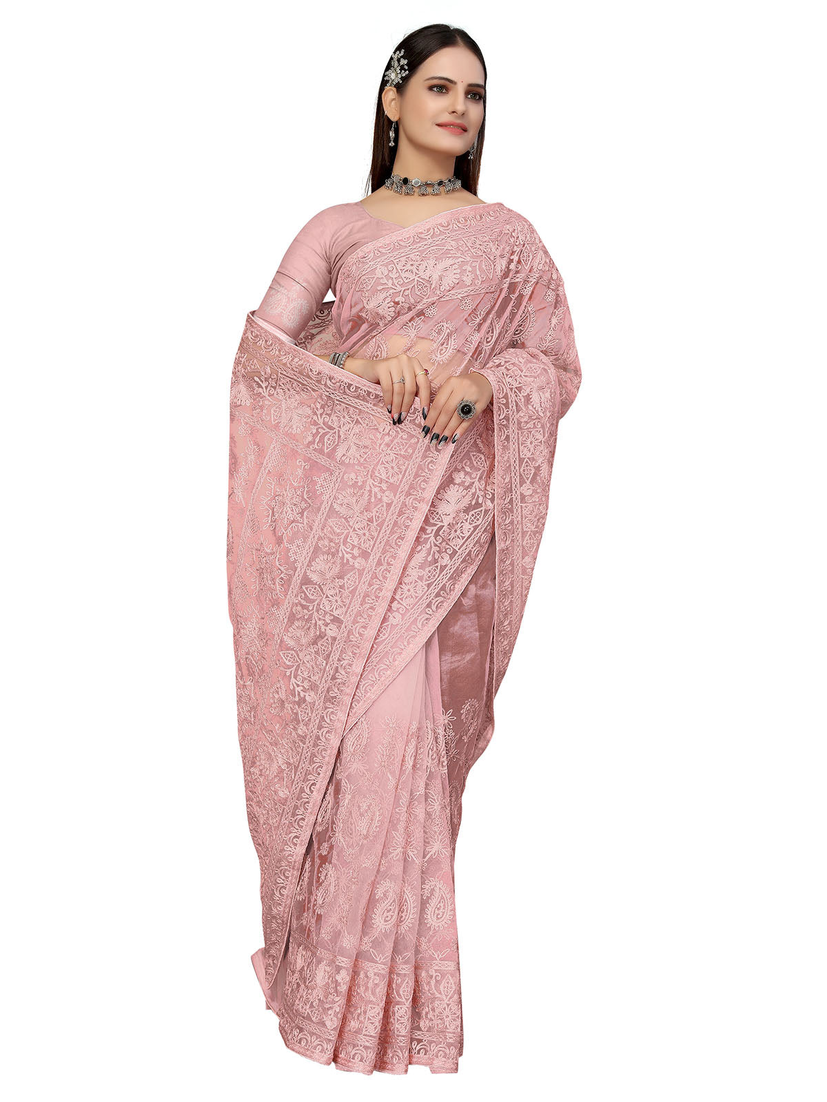 Odette Women Pink Embroidered Net Saree With Unstitched Blouse