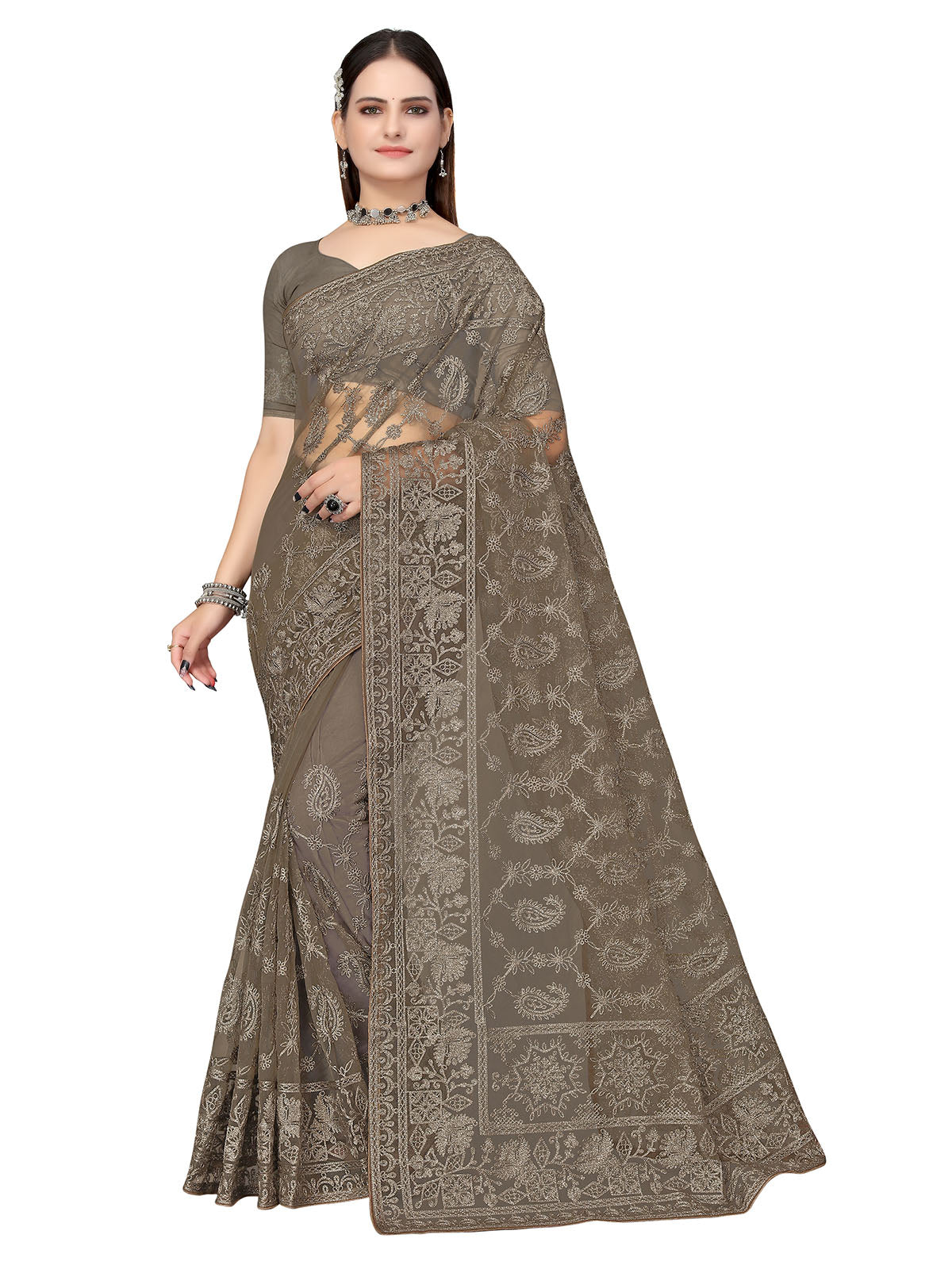 Odette Women Olive Embroidered Net Saree With Unstitched Blouse