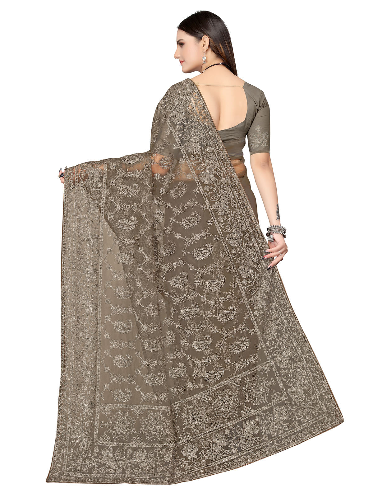 Odette Women Olive Embroidered Net Saree With Unstitched Blouse