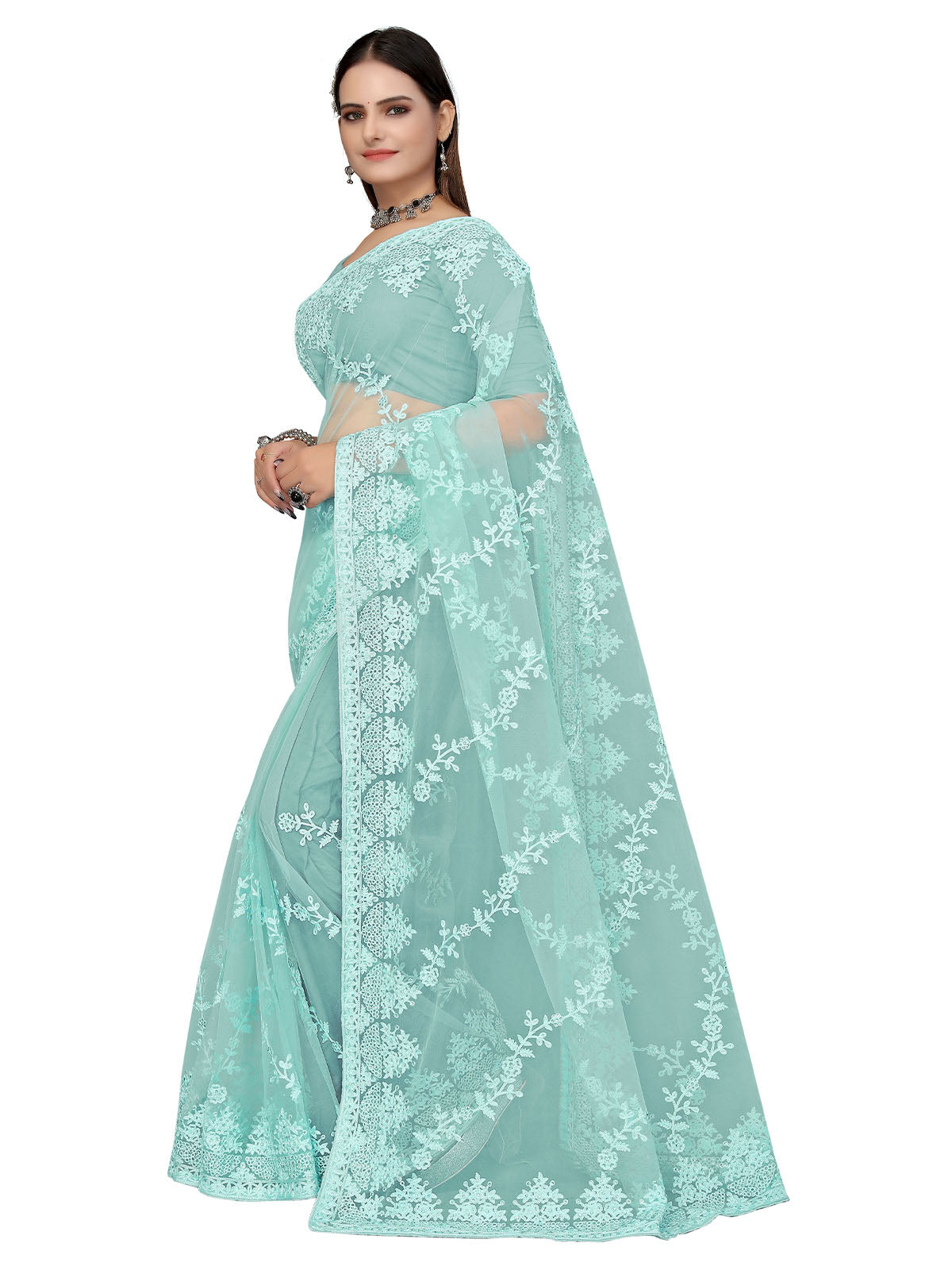 Odette Women Aqua Blue Embroidered Net Saree With Unstitched Blouse