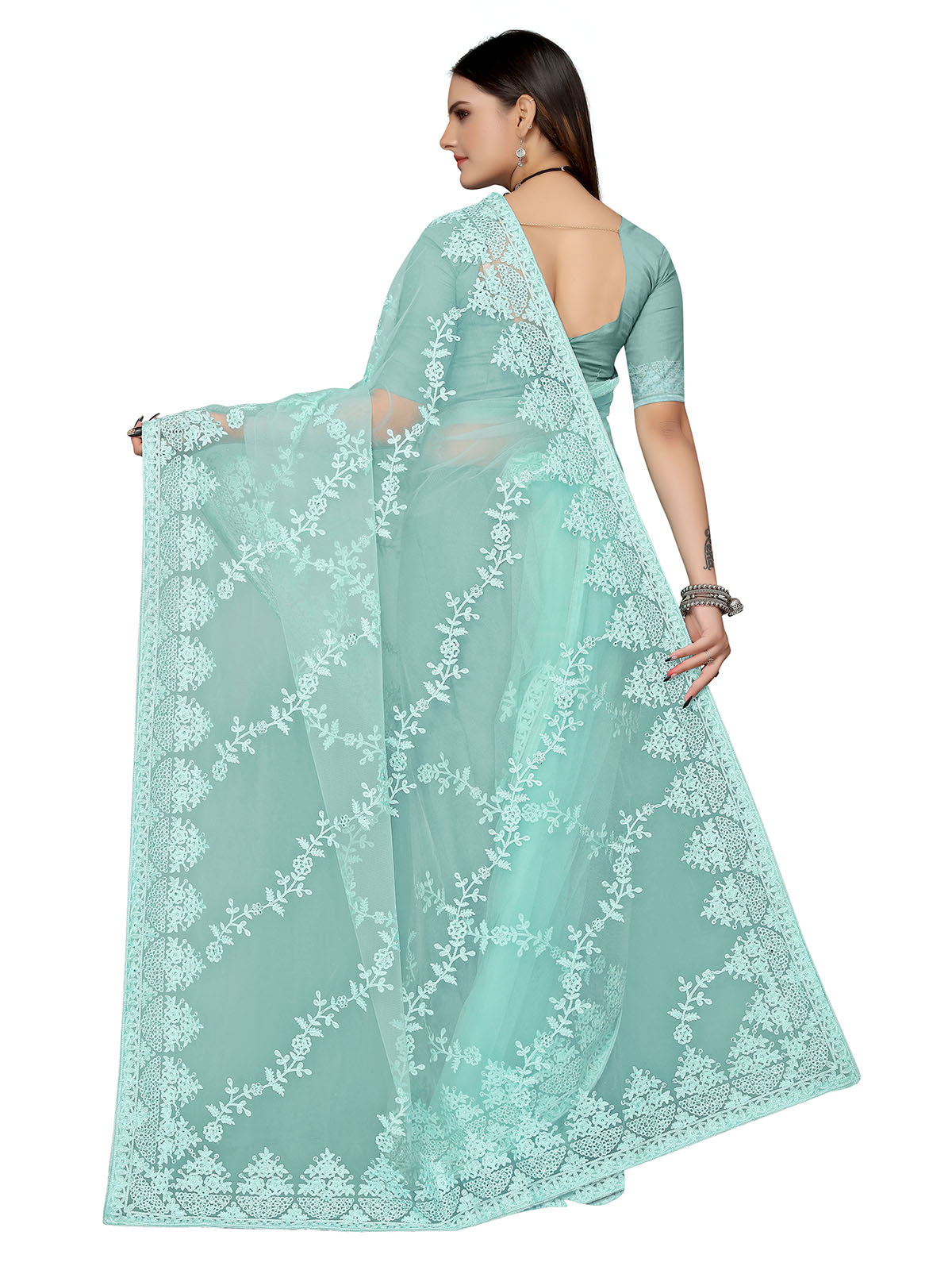 Odette Women Aqua Blue Embroidered Net Saree With Unstitched Blouse