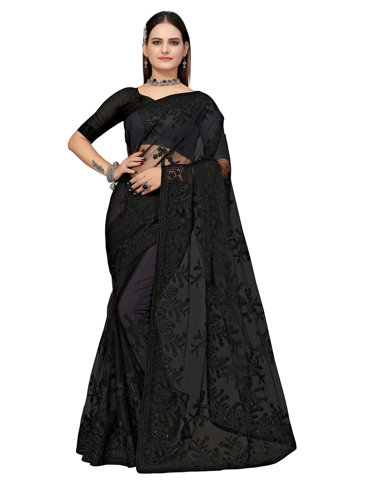 Odette Women Black Embroidered Net Saree With Unstitched Blouse