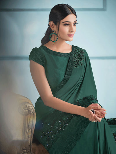 Odette Women Green Lycra Saree With Unstitched Blouse
