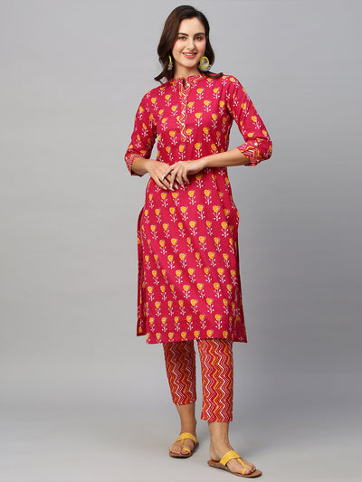 Odette Women Pink Pure Cotton Printed Stitched Kurta With Trousers