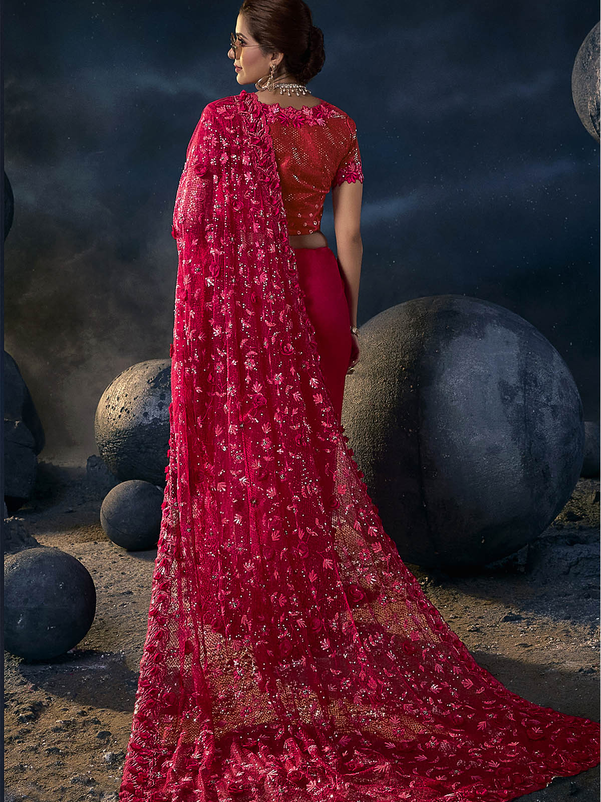 Odette Women Red Net Sequins Embroidered Saree With Unstitched Blouse
