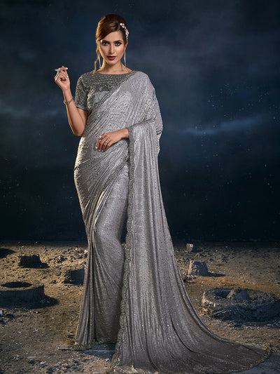Odette Women Grey Net Sequins Embroidered Saree With Unstitched Blouse