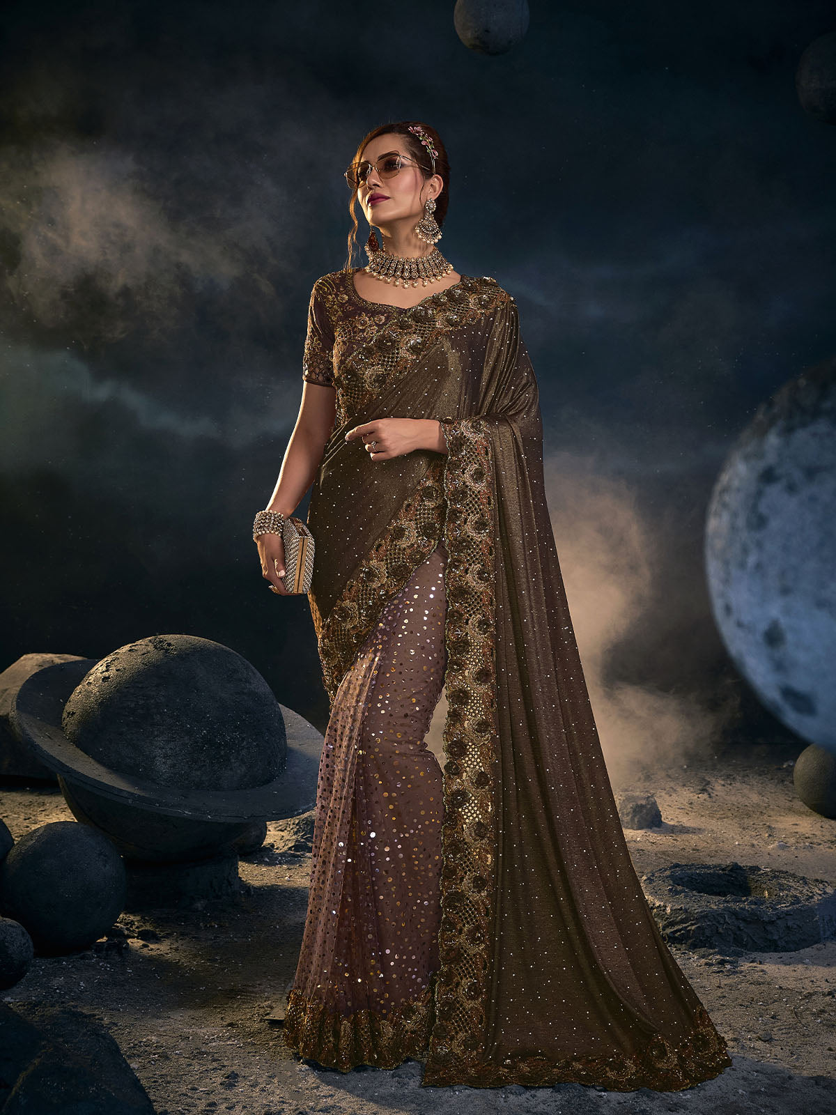 Brown Net Sequins Embroidered Saree With Unstitched Blouse