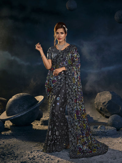 Odette Women Black Net Sequins Embroidered Saree With Unstitched Blouse