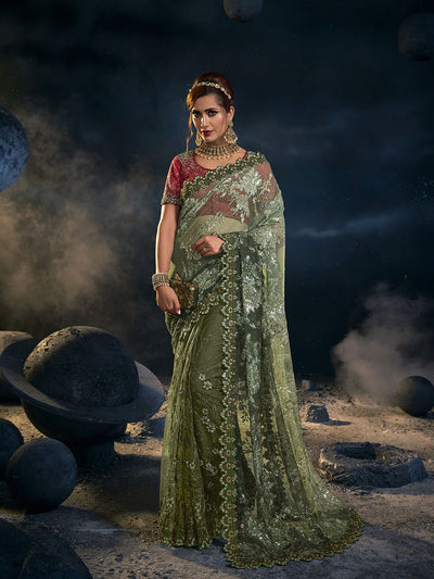 Odette Women Olive Green Net Sequins Embroidered Saree With Unstitched Blouse